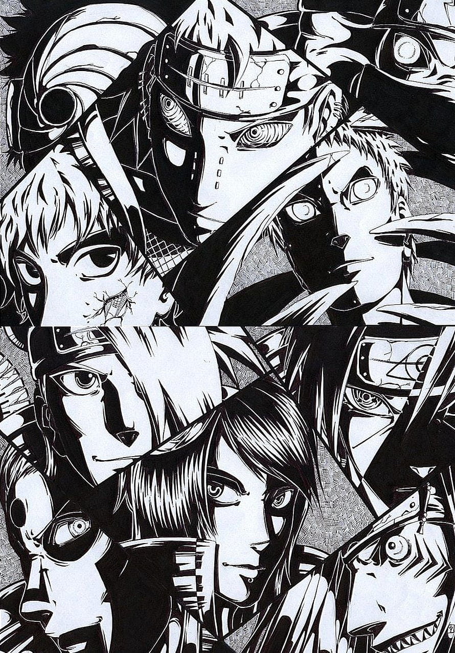 Naruto Akatsuki Members Black And White Manga Character Collage HD phone wallpaper