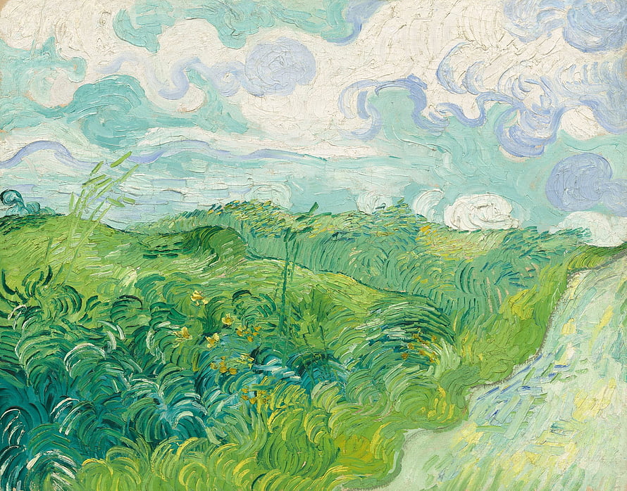 Vincent Van Gogh Impressionist Landscape Painting with Swirling Clouds and Green Hills HD wallpaper