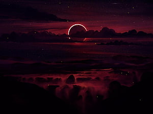 Crimson Eclipse Over Dark Clouds and Starry Night Sky HD wallpaper