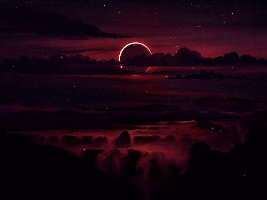 Crimson Eclipse Over Dark Clouds and Starry Night Sky HD wallpaper