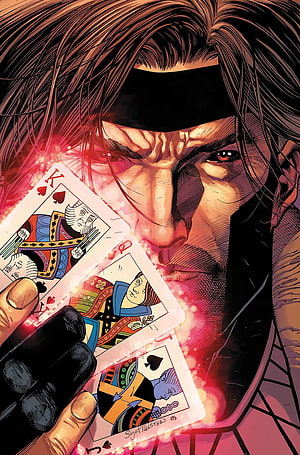 Gambit Holding Glowing Playing Cards in Dramatic Comic Book Illustration HD phone wallpaper