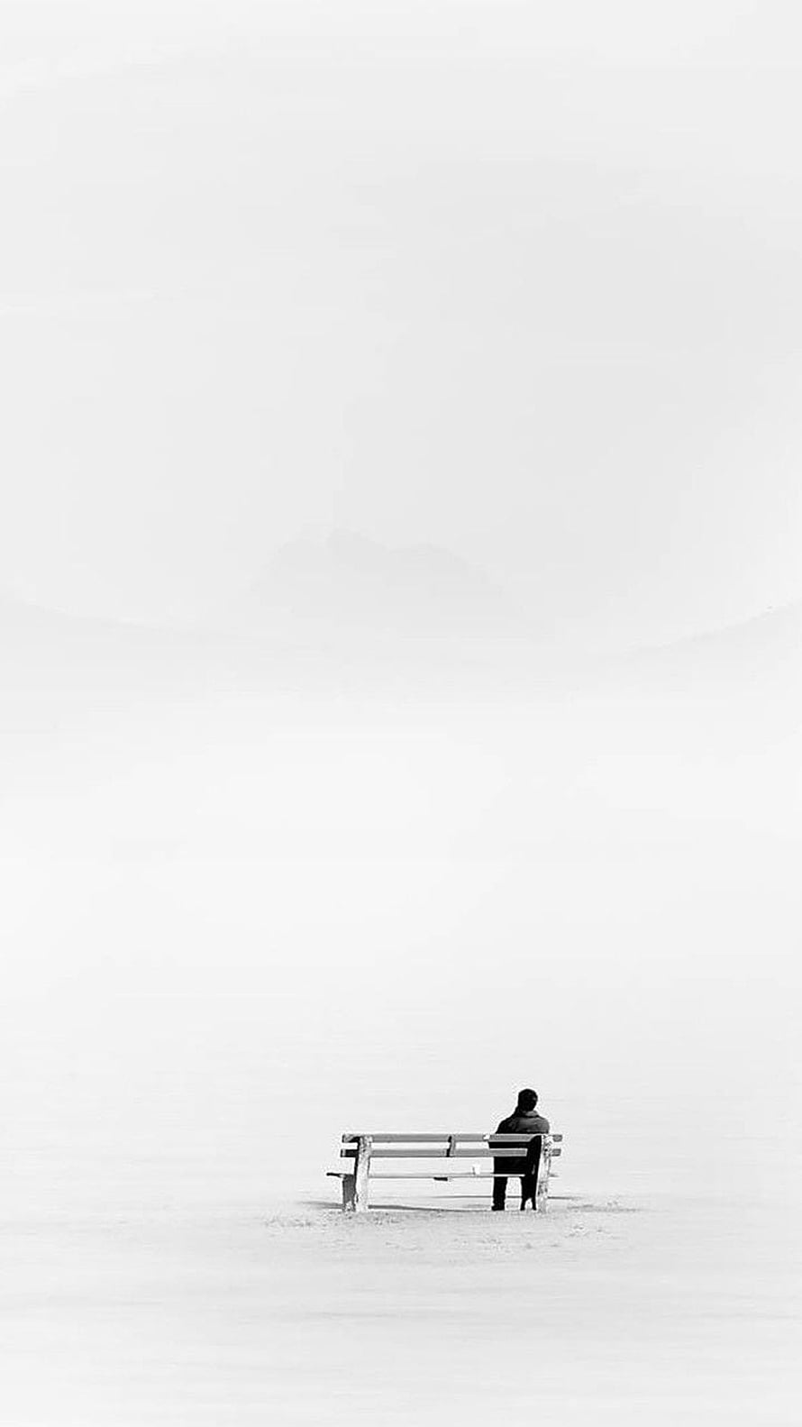 Solitary Figure on a Bench in a Vast White Landscape, Black and White Minimalist Photography HD phone wallpaper