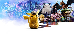 Detective Pikachu Movie Poster Featuring Team of Pokemon Characters and City Skyline HD wallpaper