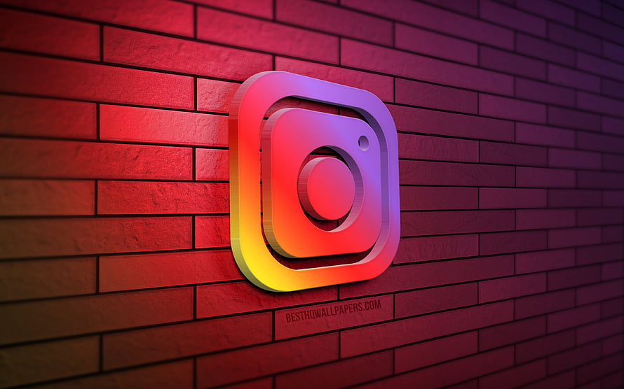 Instagram 3D Logo on Red Brick Wall with Vibrant Rainbow Gradient Glow HD wallpaper