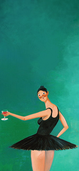 Stylized Ballerina in Black Tutu Holding a Cocktail Glass Against a Teal Background HD phone wallpaper