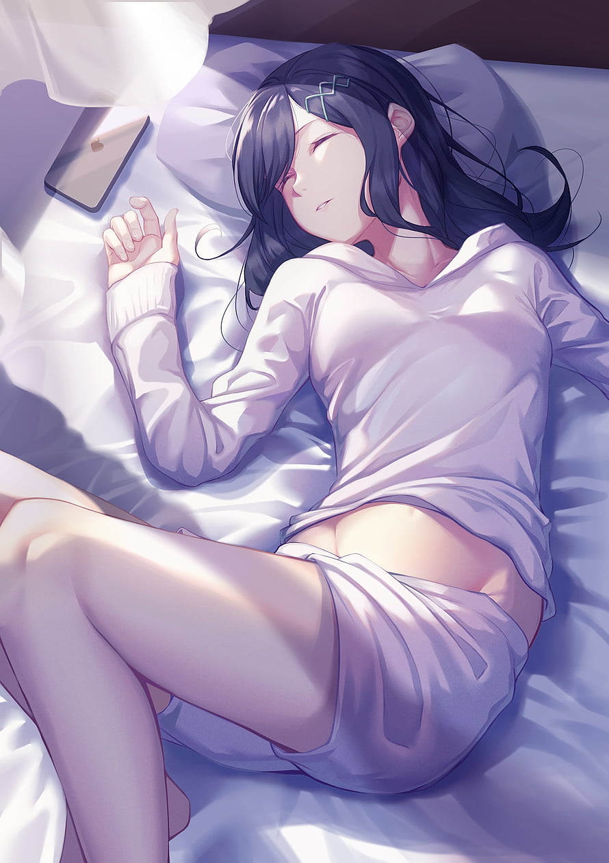 Anime Girl Sleeping in Bed with Dark Hair and White Shirt HD phone wallpaper