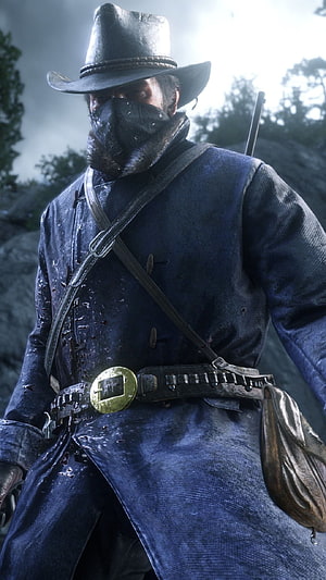 Arthur Morgan in Red Dead Redemption 2 Wearing a Bandana and Cowboy Hat in a Gritty Western Landscape HD phone wallpaper
