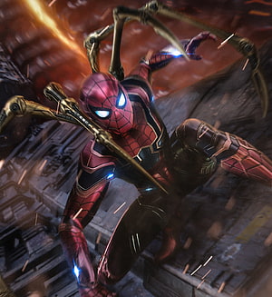 Iron Spider Armor Concept Art with Mechanical Legs and Glowing Eyes HD phone wallpaper