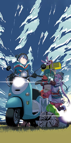 Yuru Camp Anime Illustration of Characters Riding a Scooter with Camping Gear HD phone wallpaper