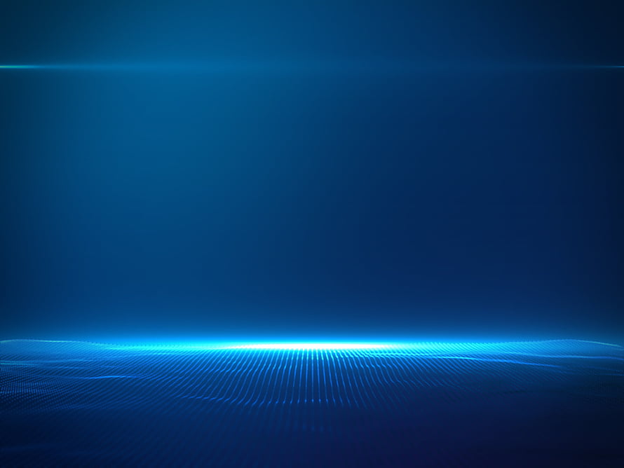 Abstract Blue Digital Horizon with Glowing Light Grid and Lens Flare Effect HD wallpaper