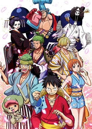 One Piece Straw Hat Crew in Traditional Wano Country Kimono with Cherry Blossoms HD phone wallpaper