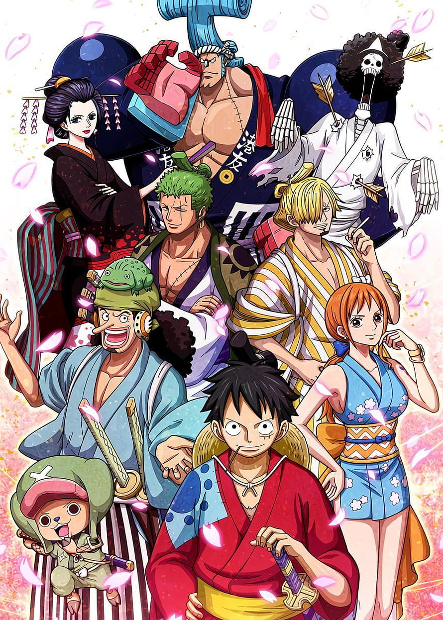 One Piece Straw Hat Crew in Traditional Wano Country Kimono with Cherry Blossoms HD phone wallpaper