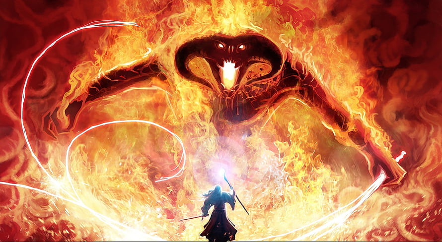 Gandalf Confronts the Balrog in a Fiery Epic Fantasy Battle HD wallpaper