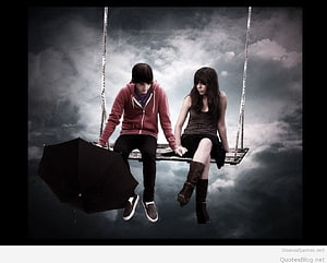 Young couple sitting on a swing in a stormy sky with a black umbrella HD wallpaper