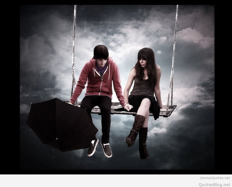 Young couple sitting on a swing in a stormy sky with a black umbrella HD wallpaper