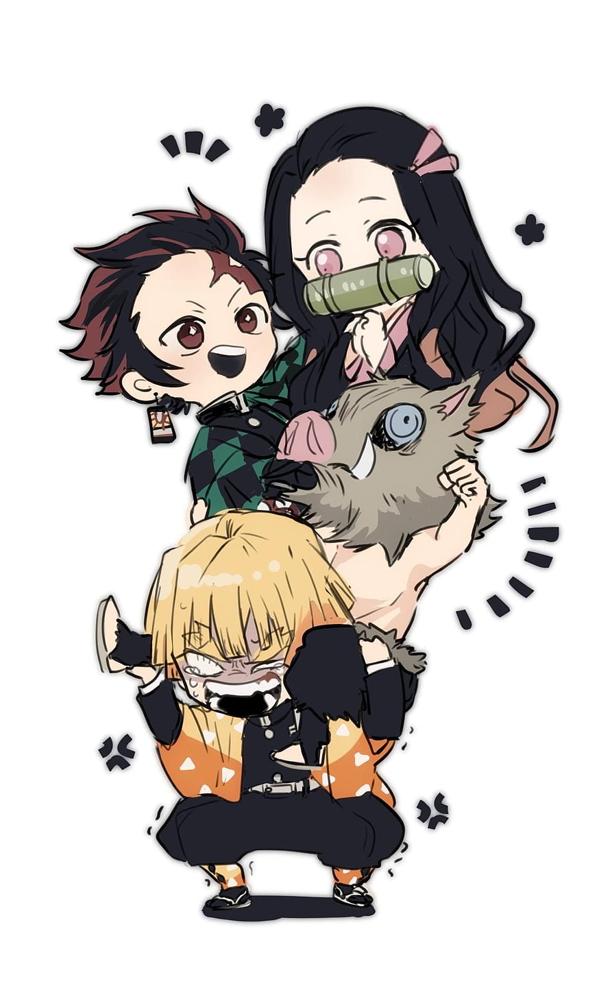 Demon Slayer Chibi Art Featuring Tanjiro, Nezuko, Inosuke, and Zenitsu in a Playful Group Pose HD phone wallpaper