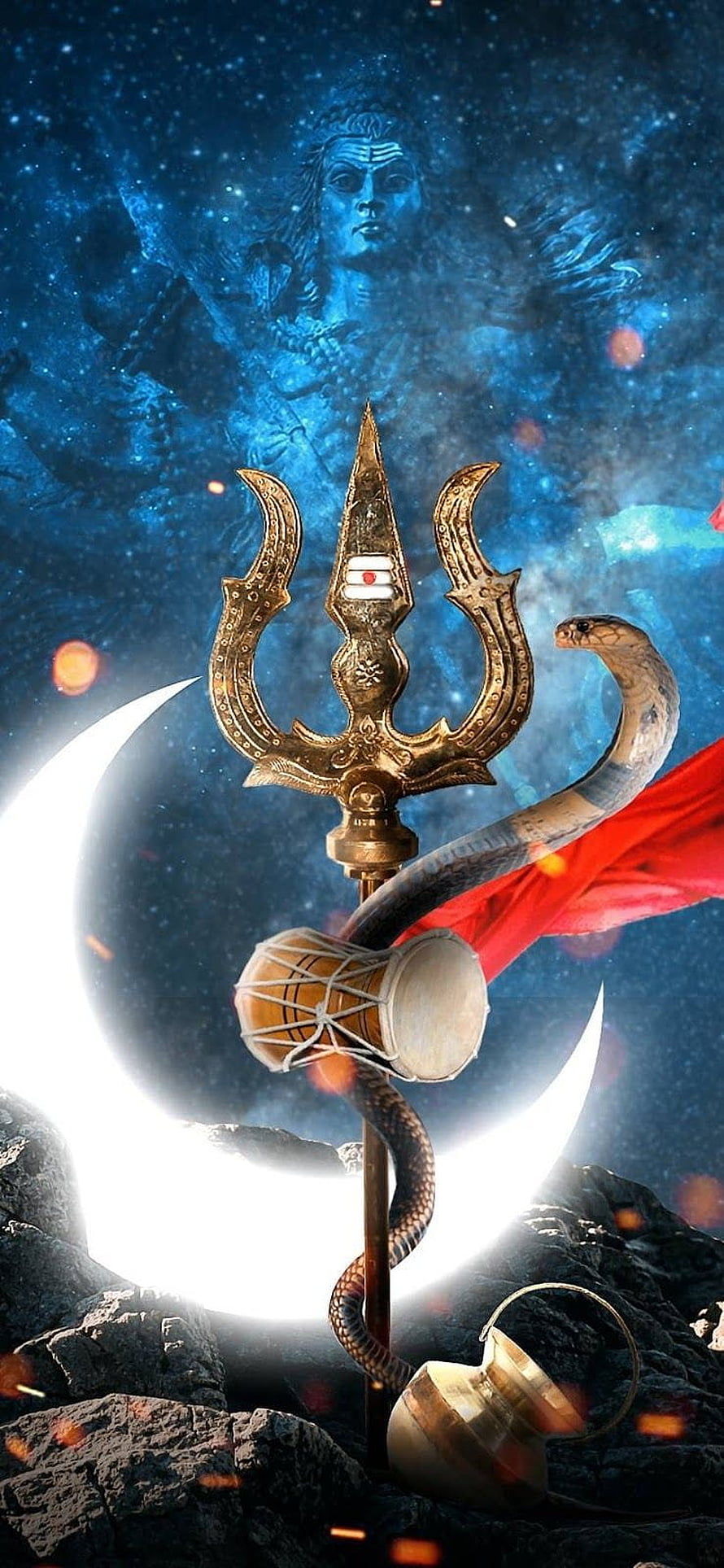 Lord Shiva Trishul and Damaru with Crescent Moon and Snake HD phone wallpaper
