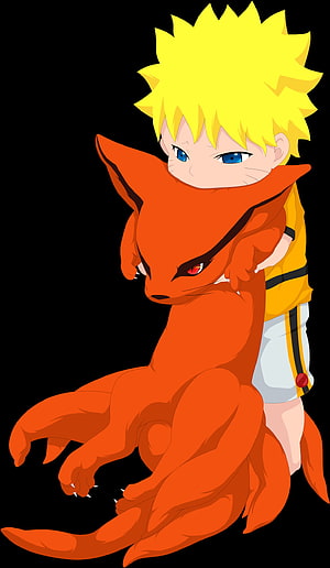 Baby Naruto and Kurama Nine-Tailed Fox Embrace in Anime Style HD phone wallpaper