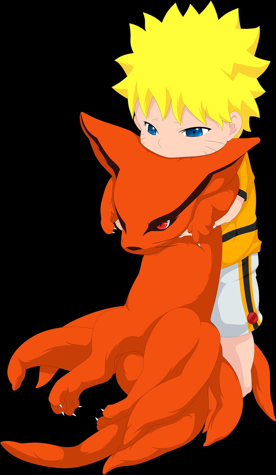 Baby Naruto and Kurama Nine-Tailed Fox Embrace in Anime Style HD phone wallpaper