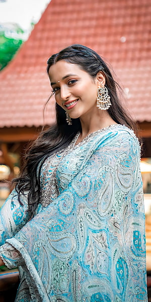 Srinidhi Shetty in Elegant Blue and Silver Embroidered Traditional Attire HD phone wallpaper