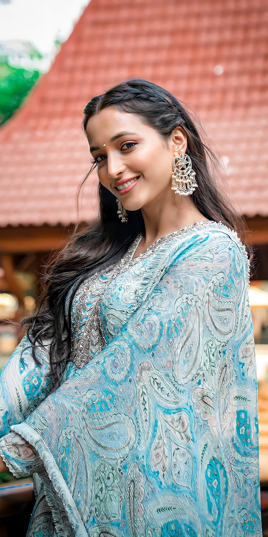 Srinidhi Shetty in Elegant Blue and Silver Embroidered Traditional Attire HD phone wallpaper