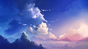 Dreamy Anime Sky with Soft Clouds and Twilight Hues HD wallpaper