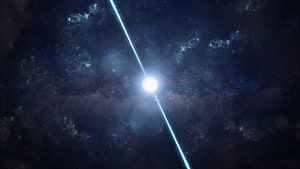 Bright Pulsar Star with Diagonal Light Beam in Deep Space Nebula HD wallpaper