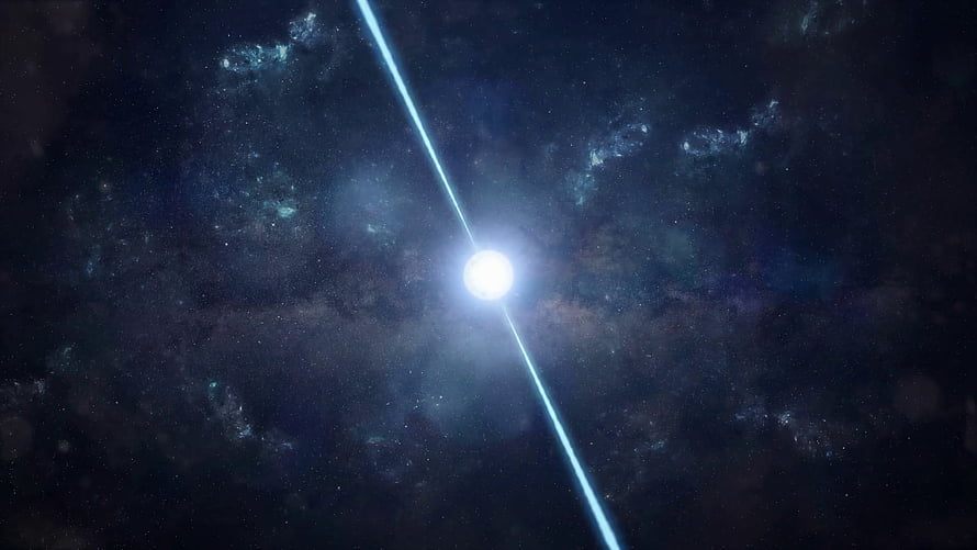 Bright Pulsar Star with Diagonal Light Beam in Deep Space Nebula HD wallpaper