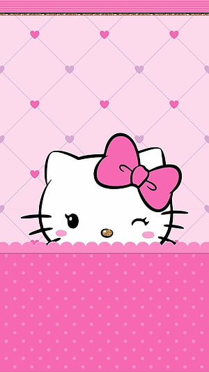 Cute Winking Hello Kitty Peeking Over Pink Polka Dot Border with Heart Pattern Background HD phone wallpaper