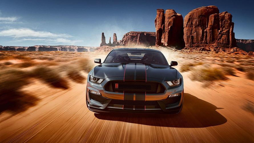 Ford Mustang Shelby GT350 Racing Through Desert Canyon Landscape HD wallpaper