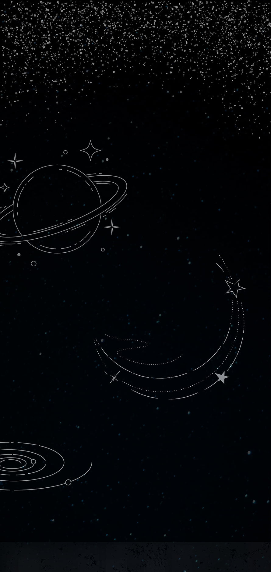 Minimalist Line Art Space Scene with Ringed Planet and Shooting Star on Black Background HD phone wallpaper