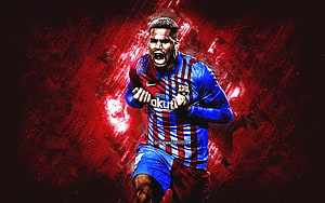 Ronald Araujo in Barcelona Home Kit Celebrating with Intense Red Background HD wallpaper
