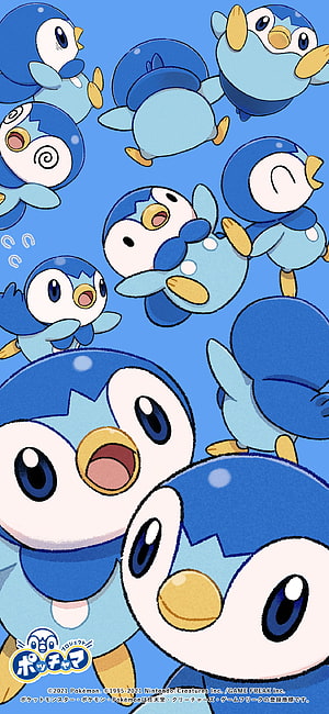 Cute Piplup Pokemon Pattern Wallpaper with Multiple Expressive Poses on Blue Background HD phone wallpaper