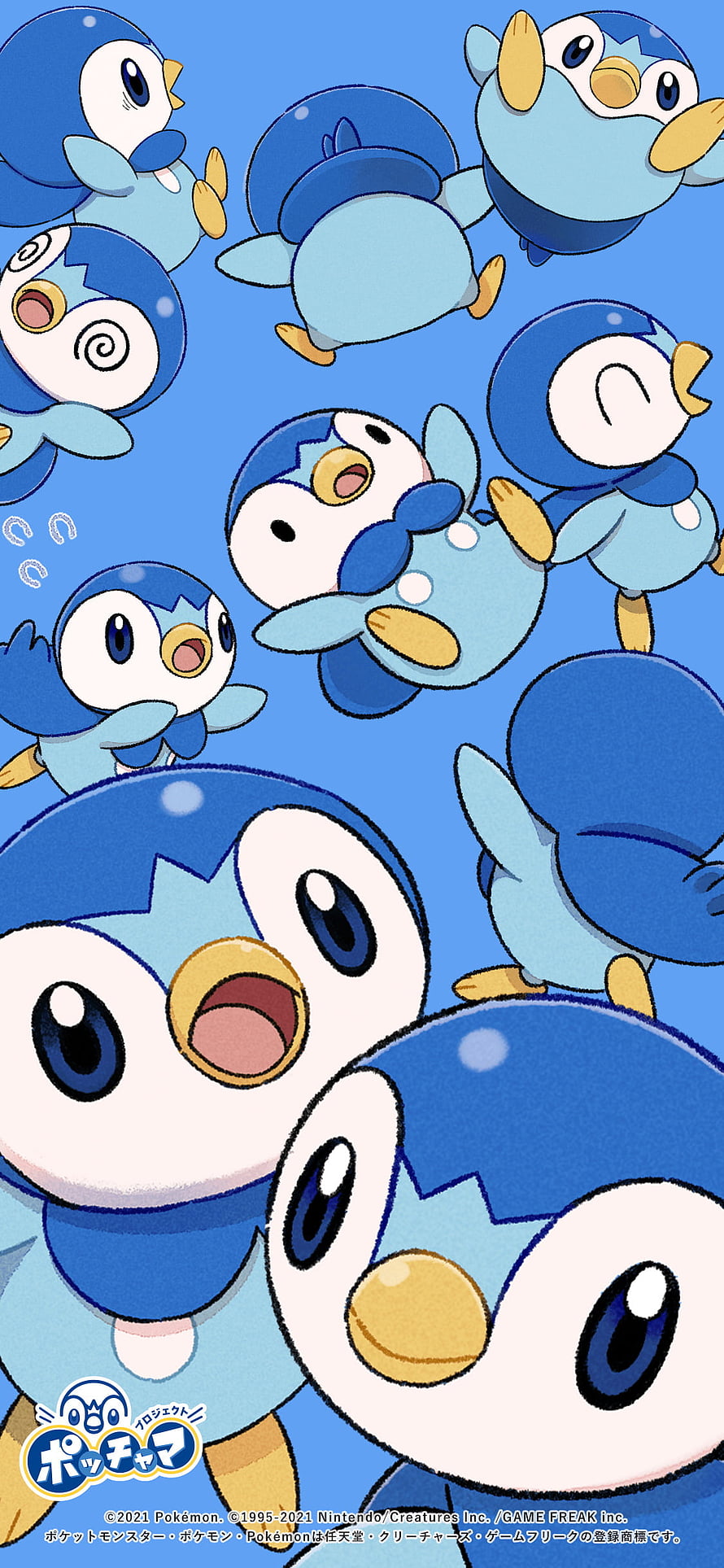 Cute Piplup Pokemon Pattern Wallpaper with Multiple Expressive Poses on Blue Background HD phone wallpaper
