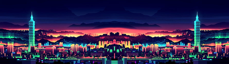 Neon Cyberpunk Taipei 101 Skyline at Sunset with Vibrant City Lights HD wallpaper