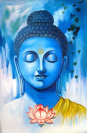 Serene Blue Buddha Portrait with Lotus Flower and Golden Spiral Symbol HD phone wallpaper