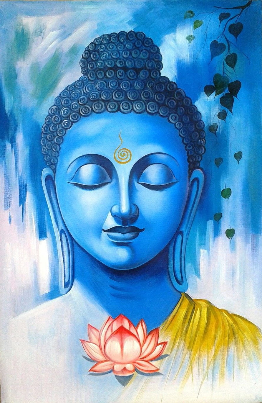 Serene Blue Buddha Portrait with Lotus Flower and Golden Spiral Symbol HD phone wallpaper