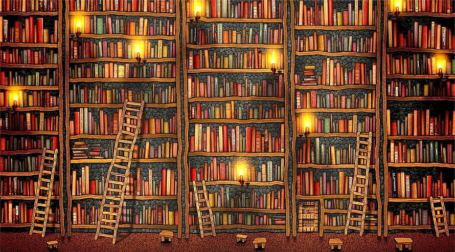 Cozy Fantasy Library Interior With Wooden Ladders And Warm Candlelight HD wallpaper