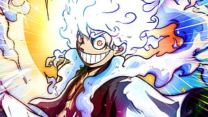 Monkey D. Luffy Gear 5 Sun God Nika Form with White Hair and Energetic Expression HD wallpaper