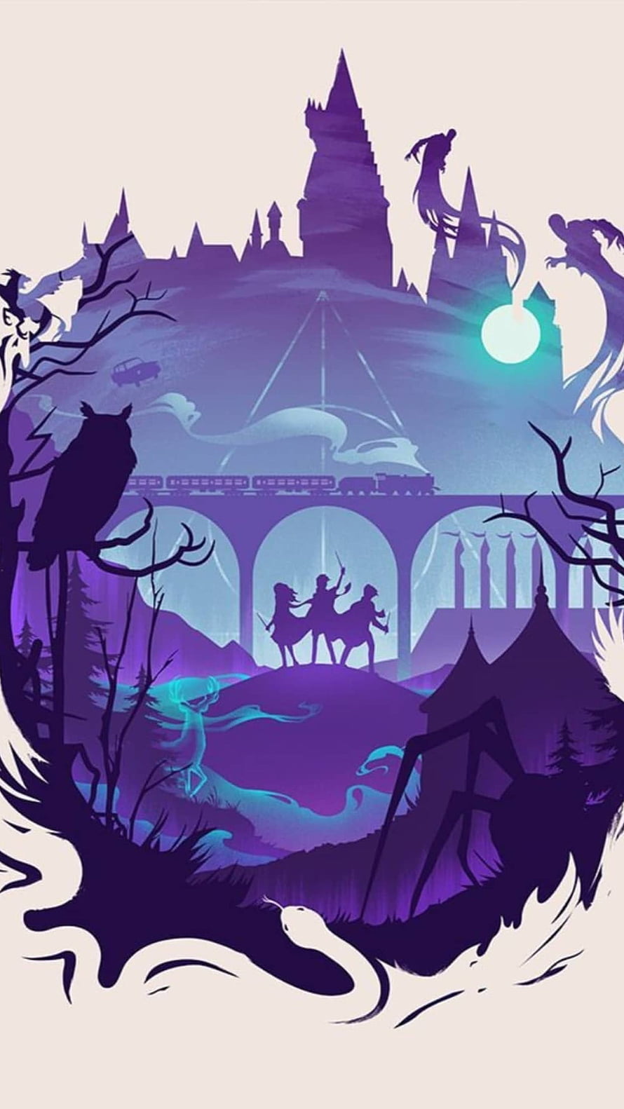 Harry Potter Hogwarts Castle Silhouette with Owl, Train, and Magical Creatures in Purple Fantasy Illustration HD phone wallpaper