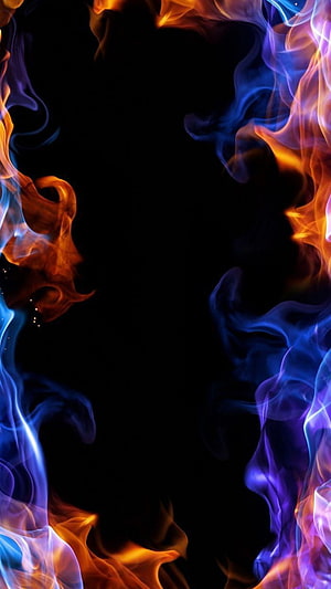 Vibrant Blue and Orange Fire Smoke Frame on Black Background HD phone wallpaper
