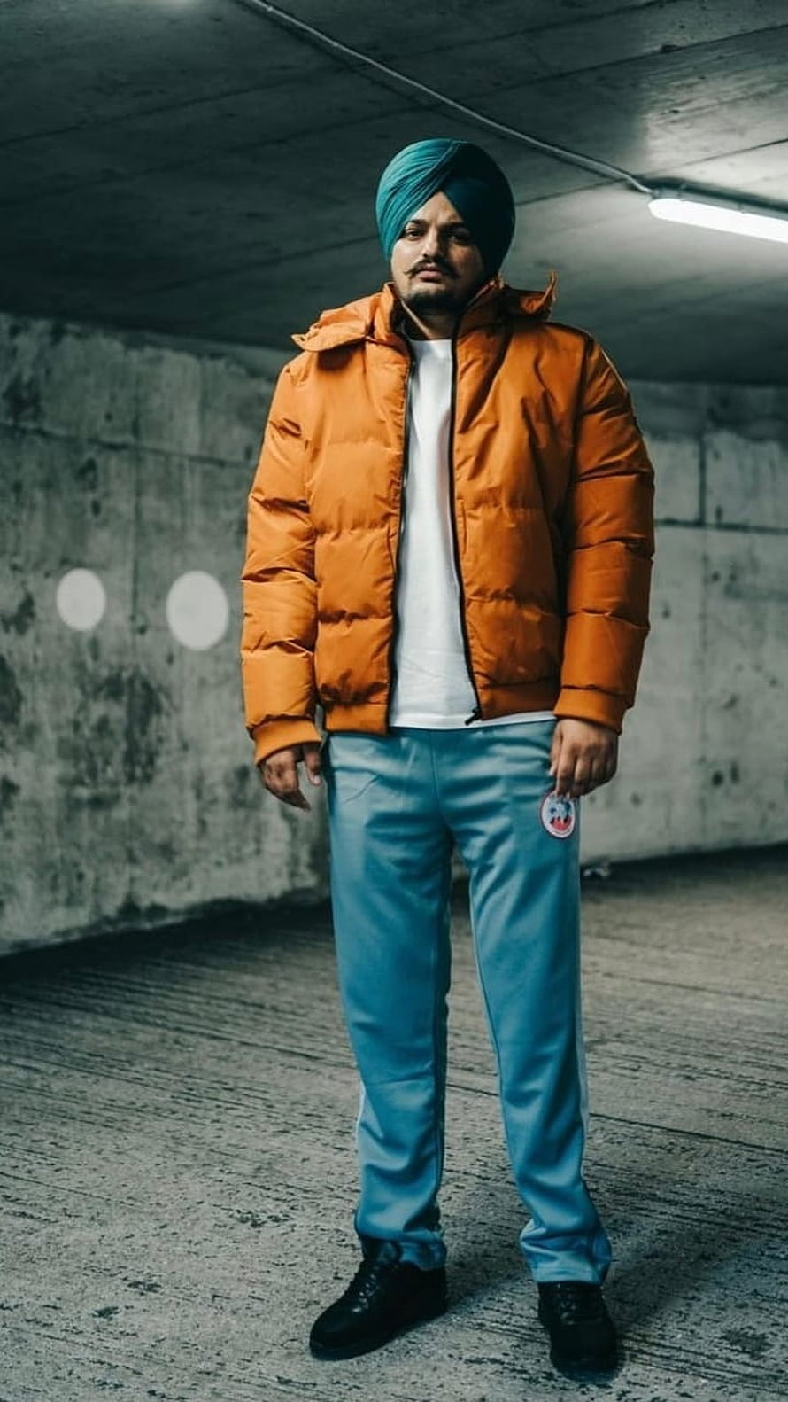 Sidhu Moose Wala in Orange Puffer Jacket and Blue Turban Urban Streetwear Portrait HD phone wallpaper