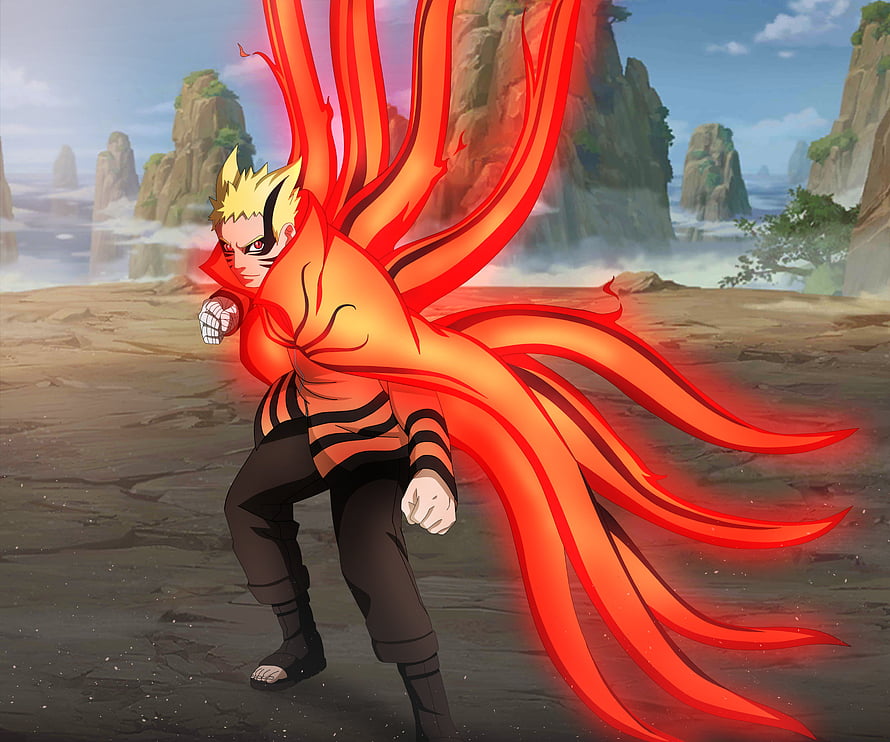 Naruto Baryon Mode Anime Character with Fiery Red Aura and Black Striped Outfit HD wallpaper