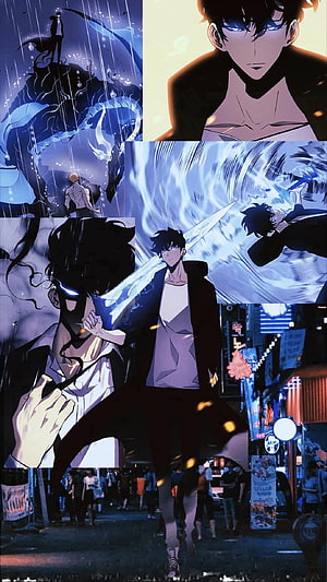 Solo Leveling Anime Character Collage with Glowing Blue Eyes and Combat Scenes HD phone wallpaper