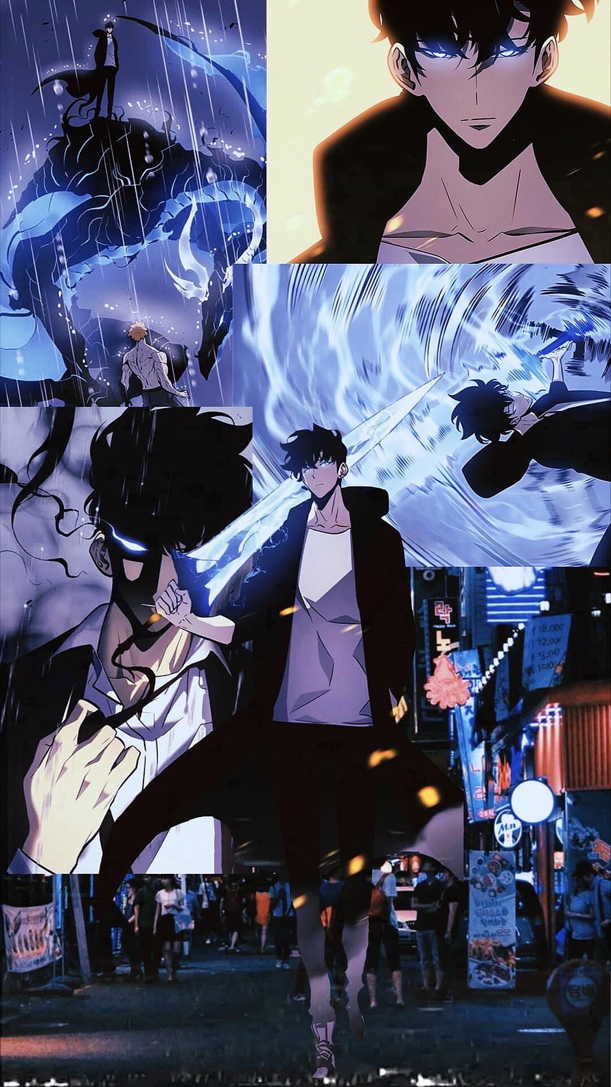 Solo Leveling Anime Character Collage with Glowing Blue Eyes and Combat Scenes HD phone wallpaper