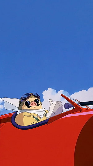 Porco Rosso Pilot in Red Airplane Cockpit with Goggles and Scarf HD phone wallpaper