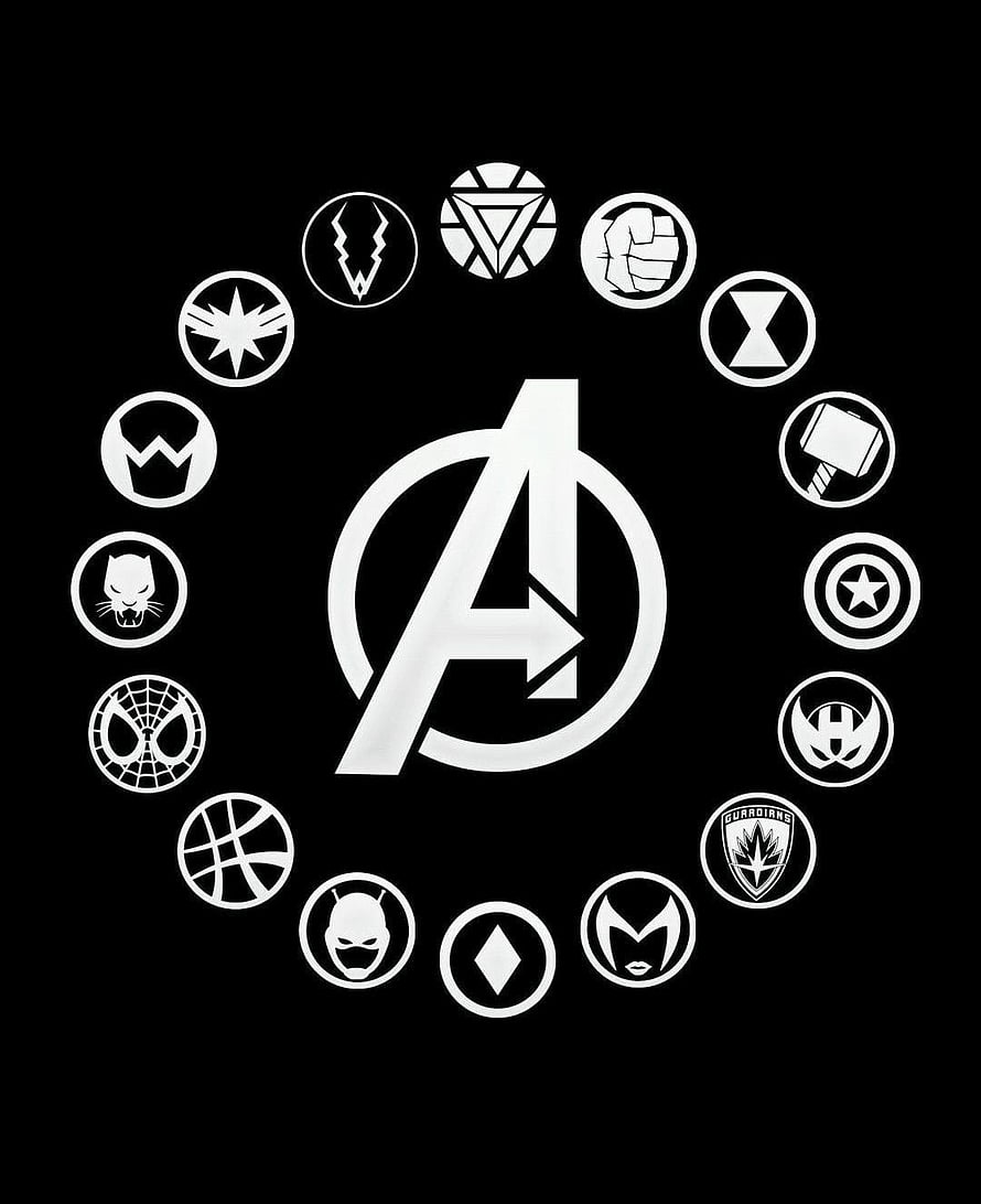 Avengers Infinity War Heroes Icon Circle with Central A Logo on Black Background HD phone wallpaper