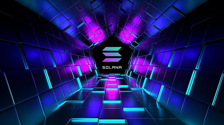 Solana Logo in Neon Futuristic Tunnel with Purple and Blue Lighting HD wallpaper