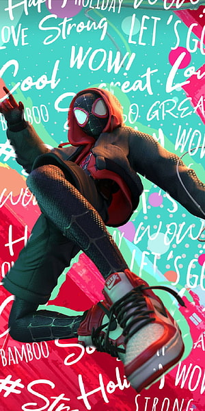 Miles Morales in Red Hoodie and Nike Sneakers Against Vibrant Graffiti Background HD phone wallpaper