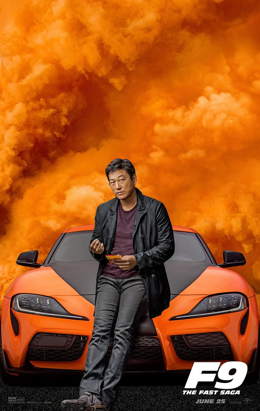 Shawn Yang in F9 The Fast Saga promotional poster with orange sports car and fiery smoke background HD phone wallpaper
